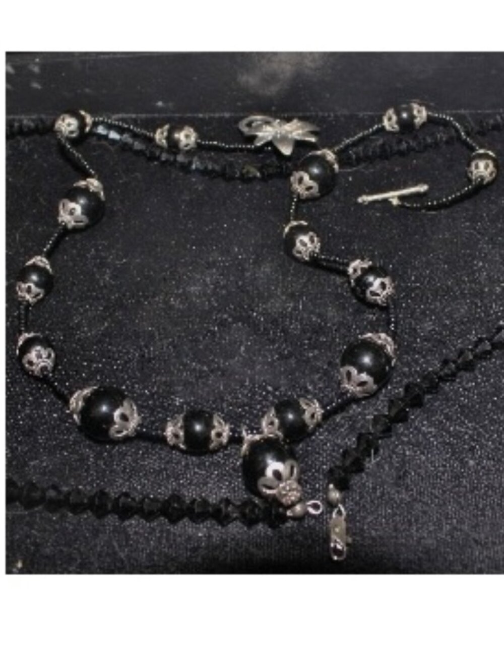 Lot of 2 925 Sterling Onyx Filigree Crystal Dogwood Toggle Charm Chains Necklace